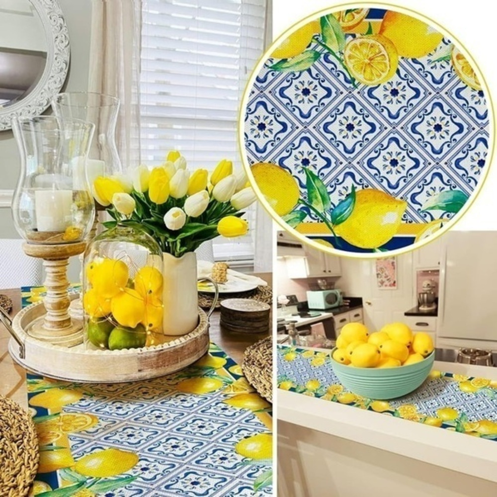 Summer Lemon Table Runner Navy Blue Tile Burlap  13x72 Inch